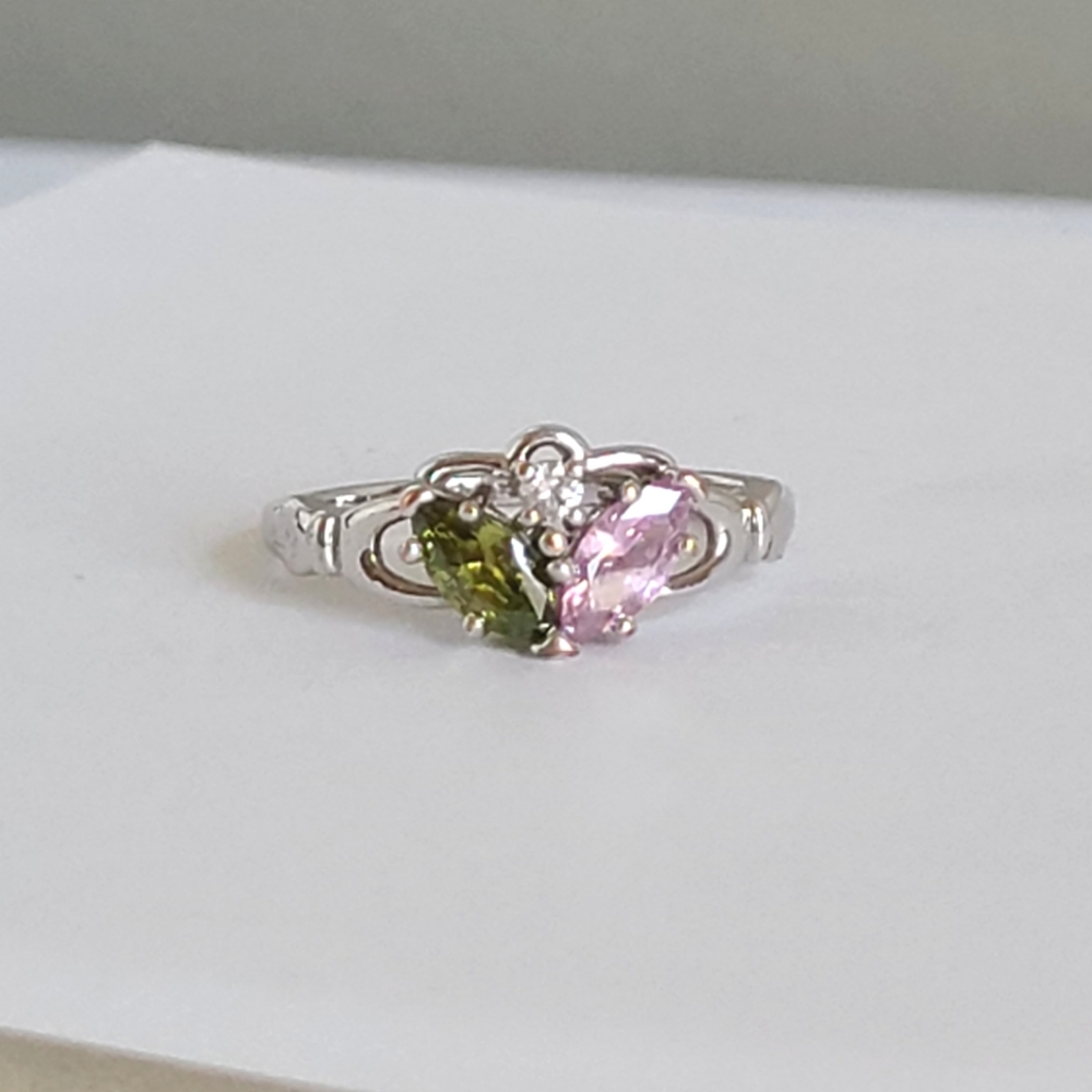 Boho Sterling Silver Claddagh Butterfly Peridot Pink Tourmaline Birthstone Ring
